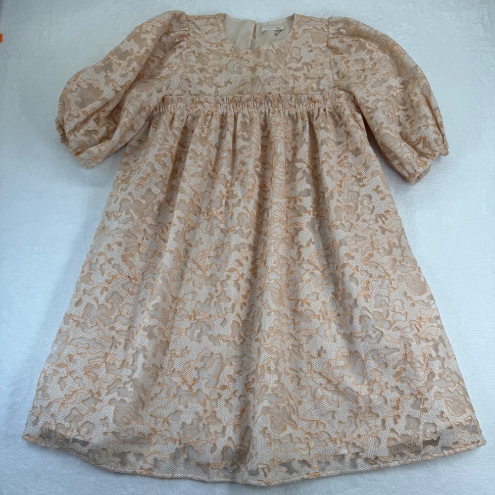 Stine Goya Doris‎ Organza Embroidery Puff Sleeve Babydoll Dress Peach Womens M